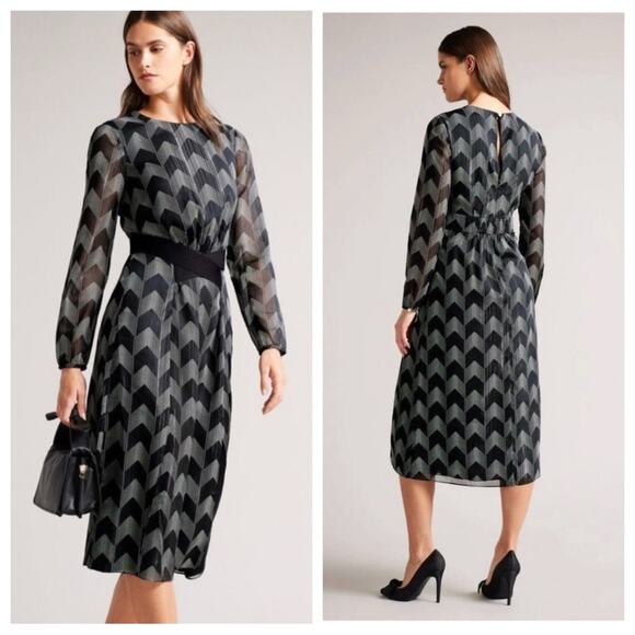 Ted Baker London Aselli Atlas Long Sleeve Midi Dress in Black Chevron - Size 1 - Picture 2 of 9